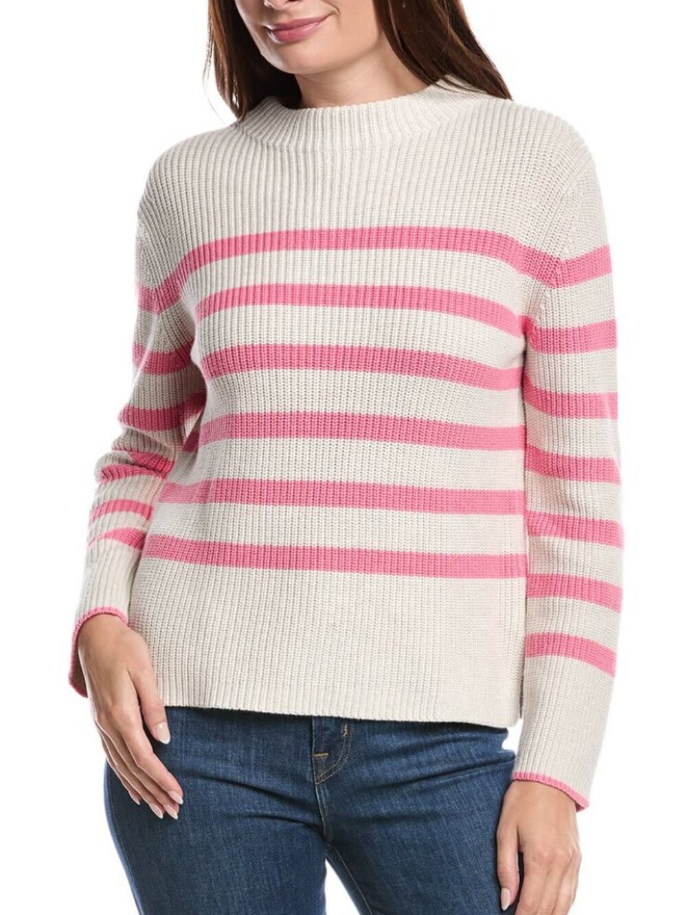 Kinross – Pink & Cream Stripe Cotton Rib Knit Funnel Sweater – Size M​